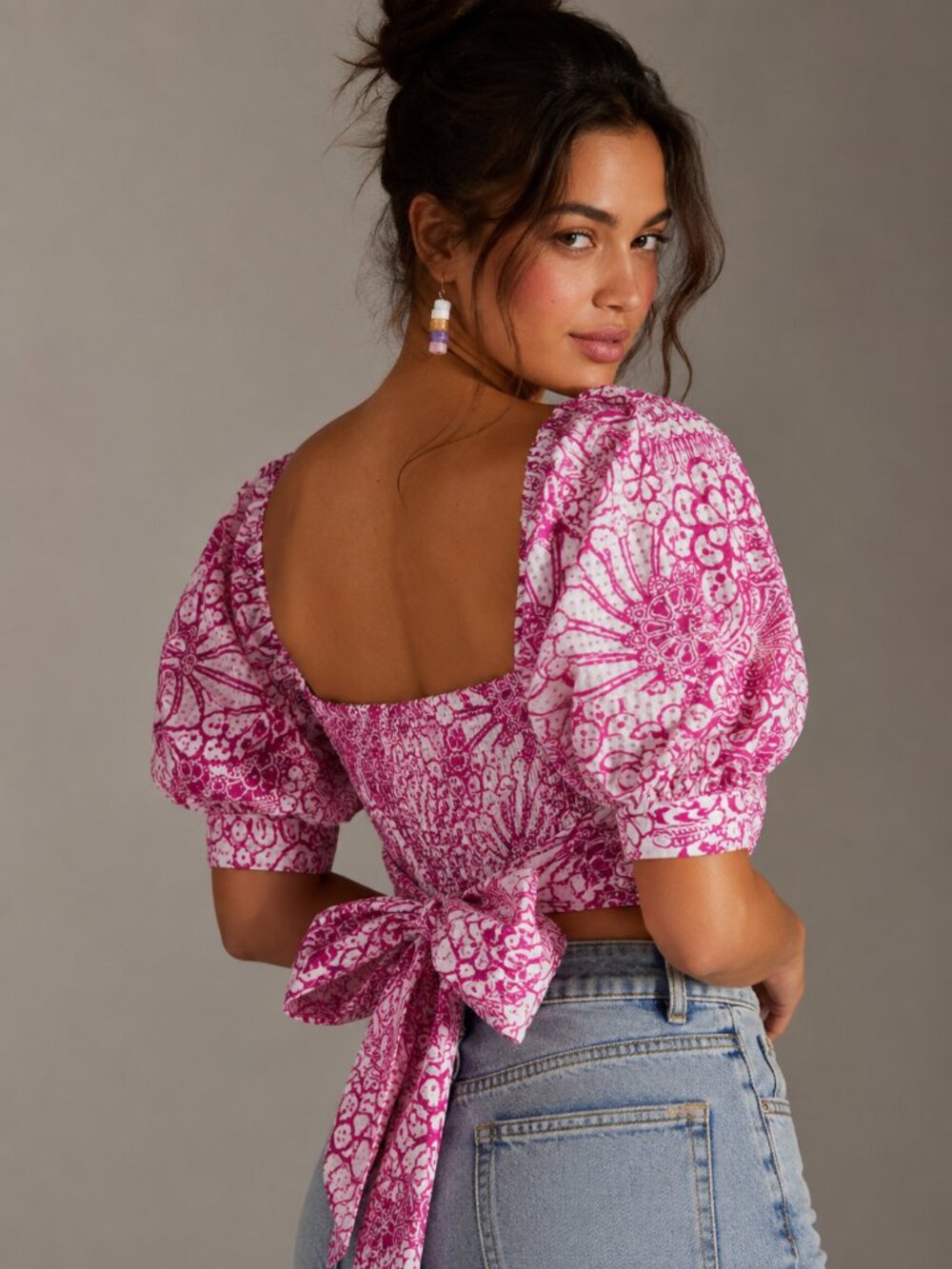 $140 MAEVE Anthropologie Pink Floral Puff Sleeve Tie Back Crop Top